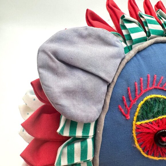 Vintage 1970s Embroidered Patchwork Blue Green Cat Pillow rare one of a kind spi - Picture 5 of 13